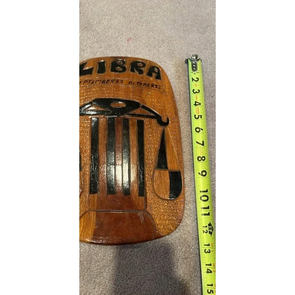 Vintage Libra Zodiac Wood Carved Wall Plaque Astrology Scales Folk Art Sign
